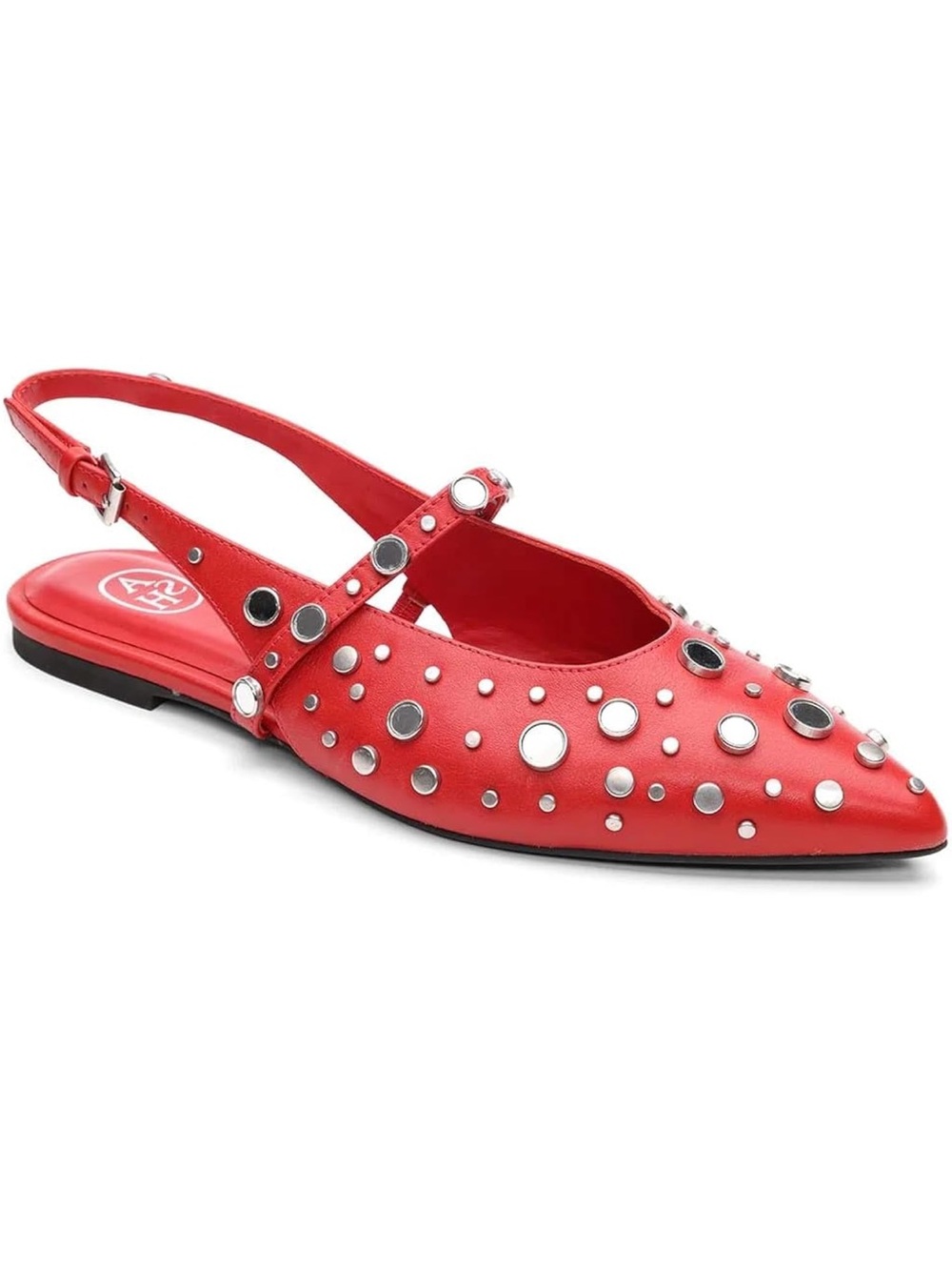 Ash Red Studded Pointed Slingback Flats